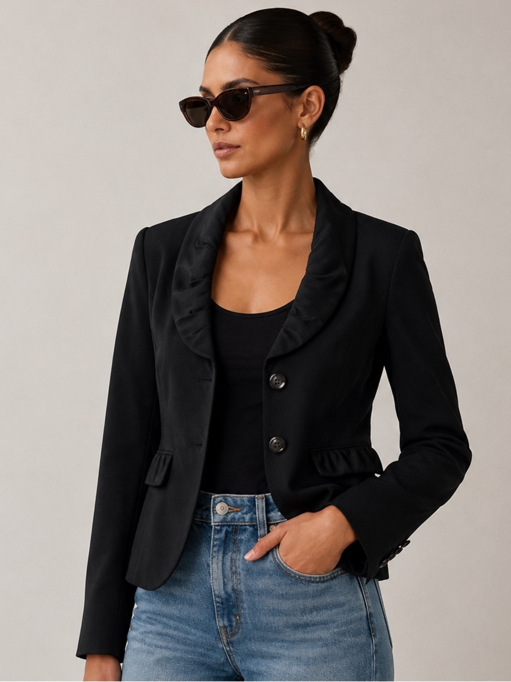 HUGO BOSS Orange Black Ruched Ruffle Collar Tailored Fitted Blazer Jacket XS - S